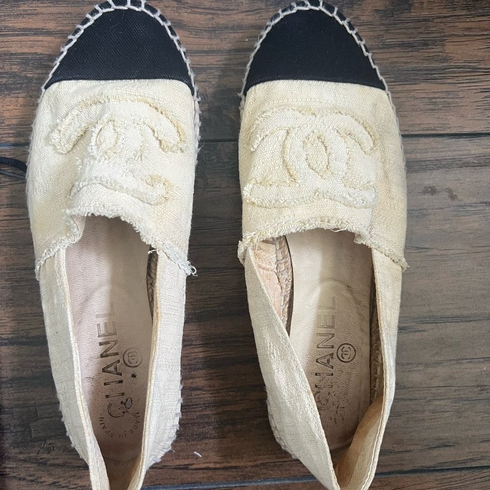 Chanel Beige Canvas Logo Espadrilles Flats Size EU 38 - Picture 2 of 9